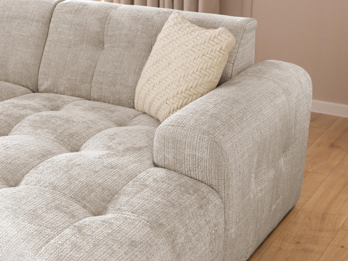 ECKSOFA Kozy im Bumpy-Design mit fester Rückenlehne aus weichem Dunkelbeige Chenille-Stoff - Ottomane rechts - Beige/Schwarz, Holz/Kunststoff (234/161cm) - S-Style Möbel