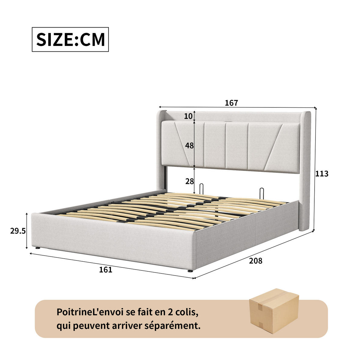 POLSTERBETT 160x200 cm, Beige, LED-Beleuchtung und USB - Beige, Textil/Metall (160/200cm)
