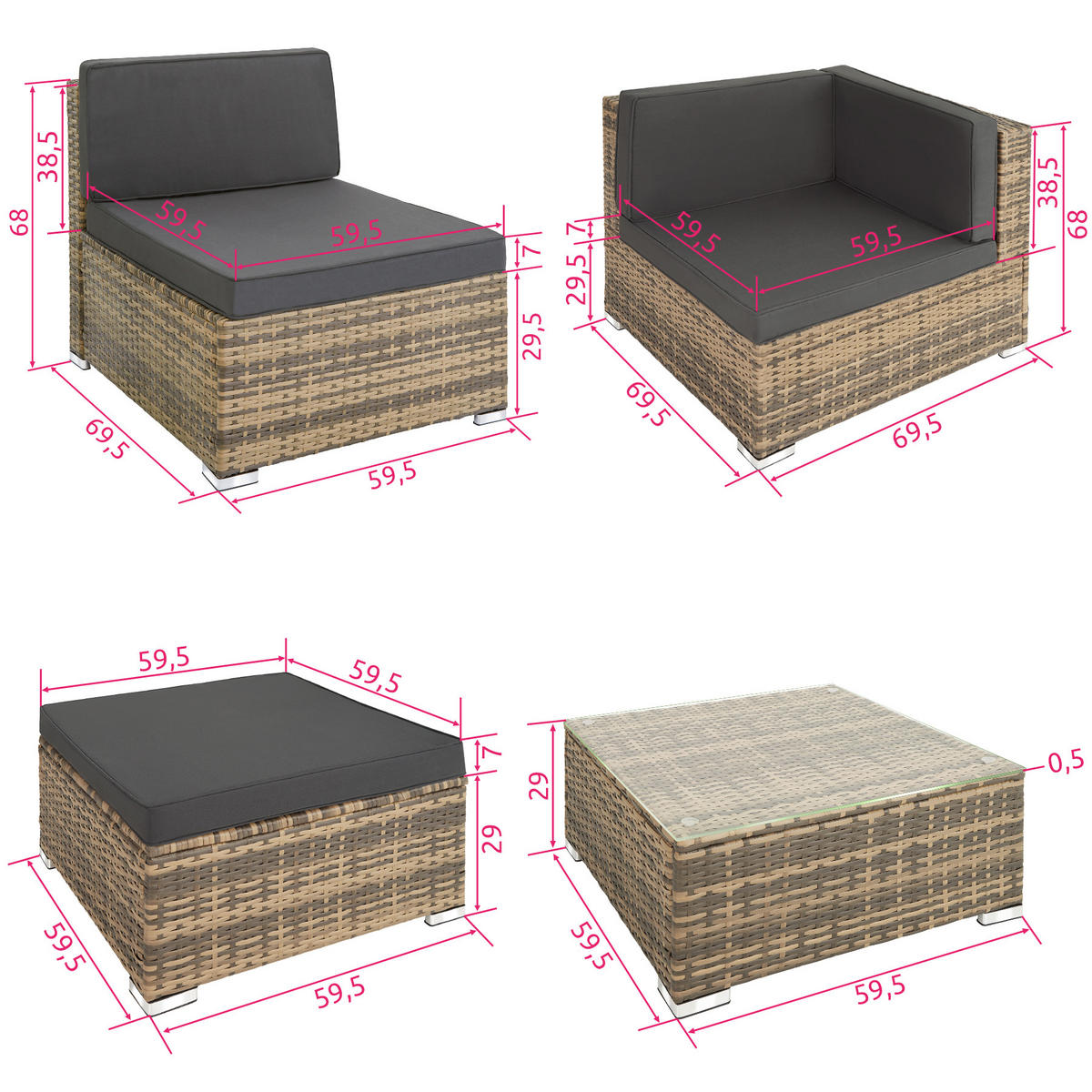 RATTANLOUNGE Venedig,mit Sicherheitsglasplatte,natur - Naturfarben, Kunststoff - tectake
