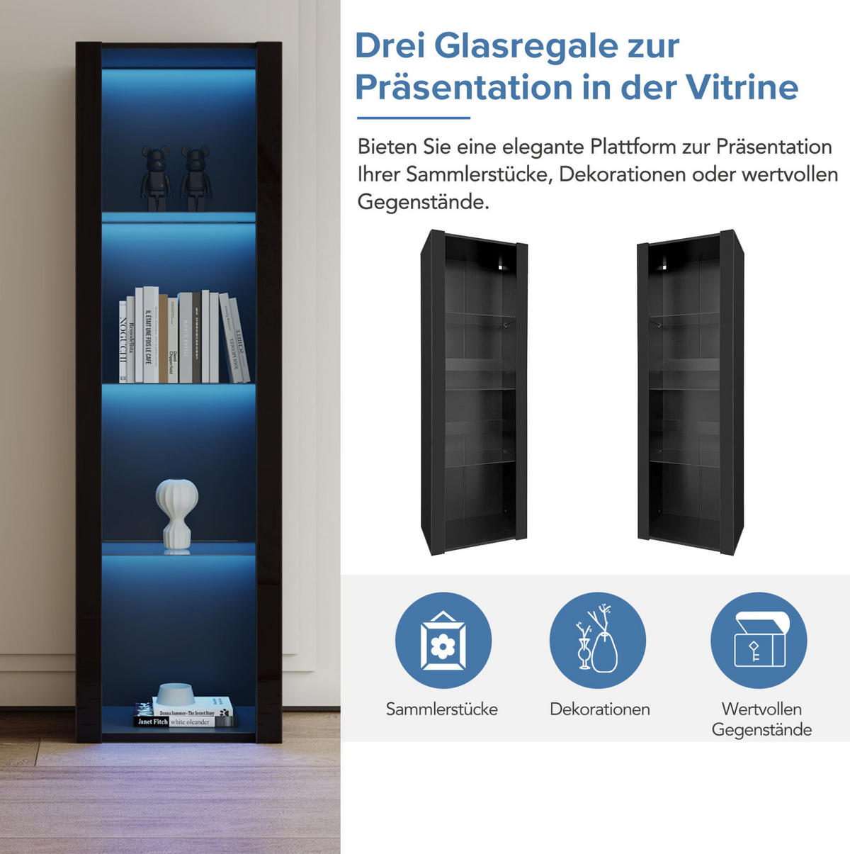 VITRINENSCHRANK aus Spanplatte 55x38x166 cm Schwarz Hochglanz mit LED-Beleuchtung und 3 Glasböden - Schwarz, Holzwerkstoff (55/166/38cm) - IVMEU