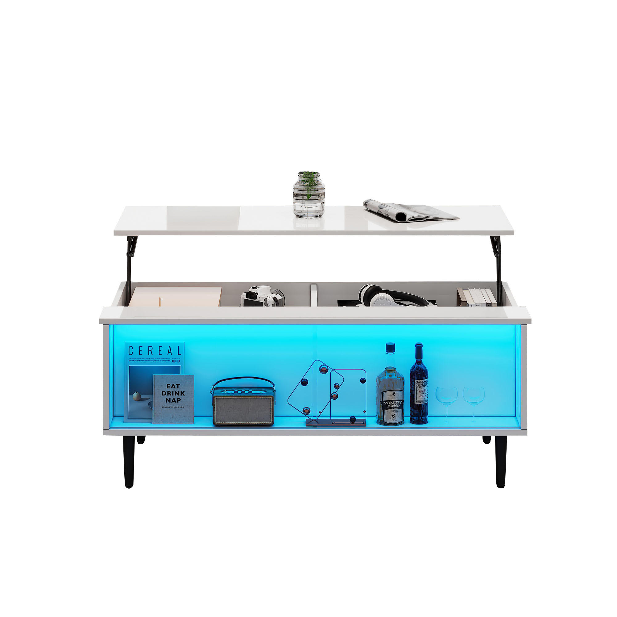 COUCHTISCH Weiß 105/50/43 cm mit Hebefunktion, Glasfront und LED-Beleuchtung - Weiß, Holzwerkstoff (50/105/43cm) - PANGIVO