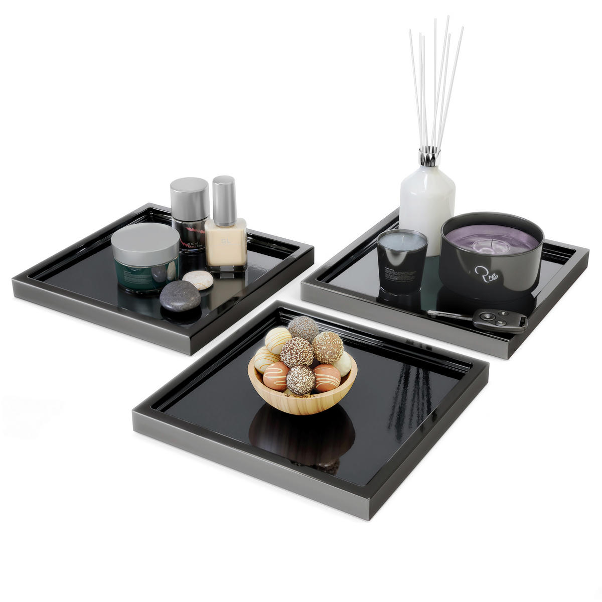 DEKOSCHALE Maya Schwarz Hochglanz 3er Set - Schwarz Hochglanz, Holzwerkstoff (1.8cm) - Vladon