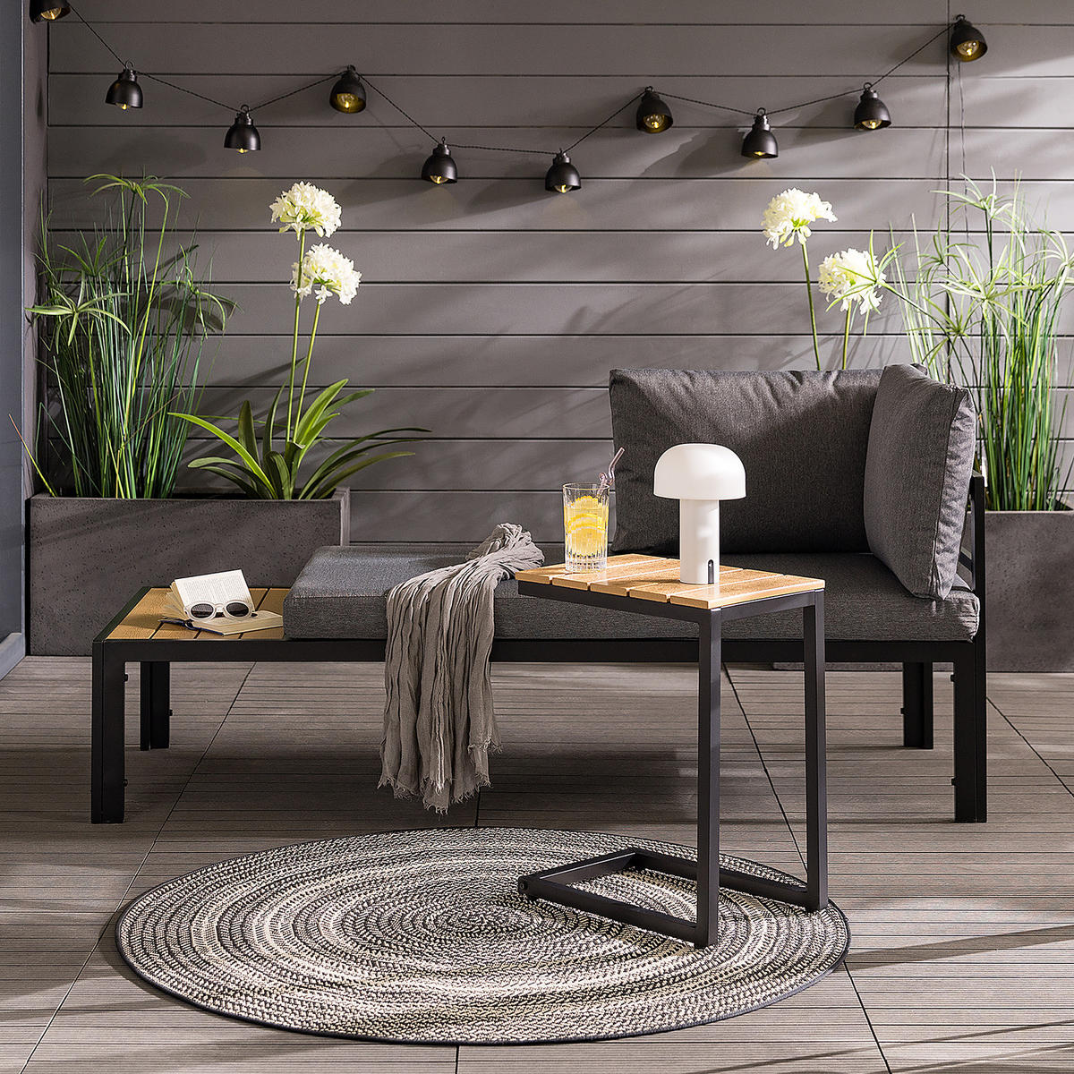 LOUNGESET - Polywood / Polyester - Grau - 2-teilig - Anthrazit/Braun, Holzwerkstoff/Textil - home24