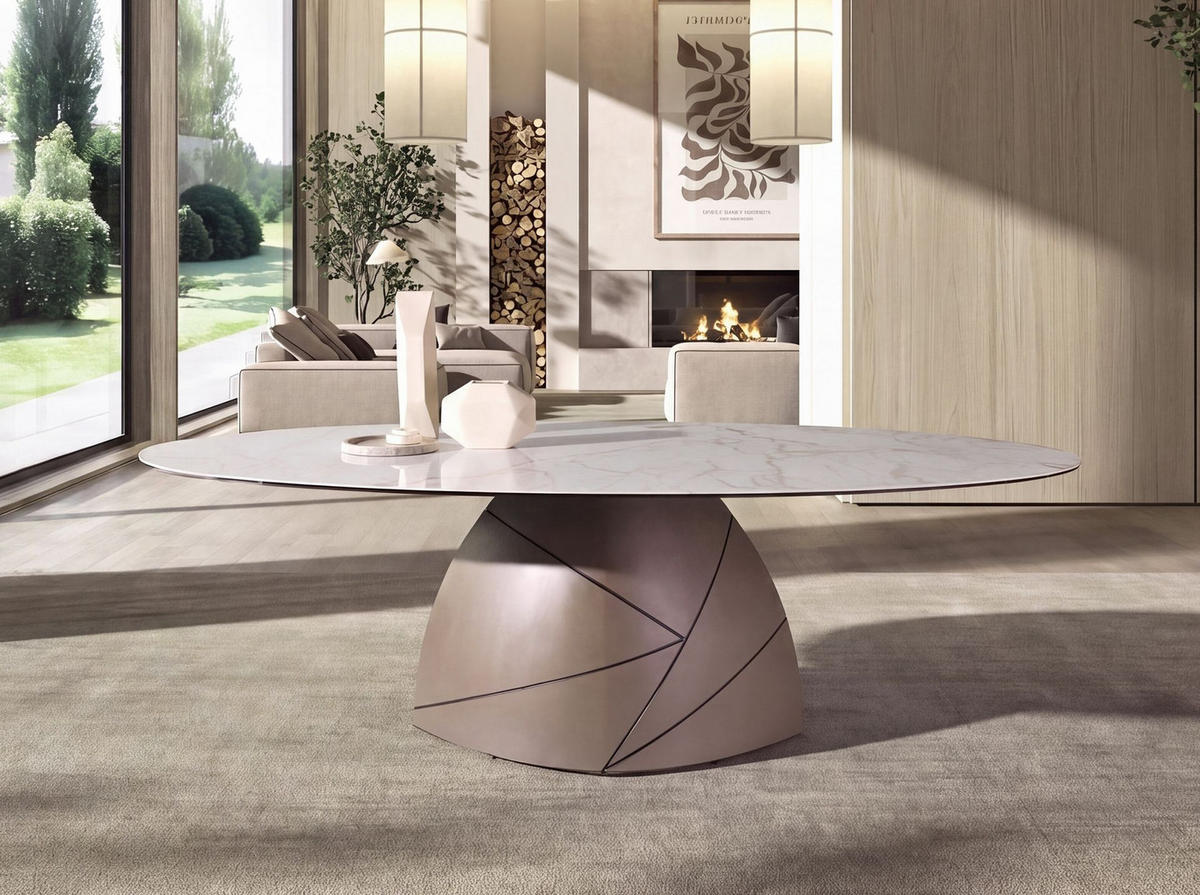 OVALER Esstisch aus Keramikmarmor und taupefarbenem Metallstahl - Taupe/Gelb, Keramik/Stein (120/240/76cm) - ANGEL CERDA
