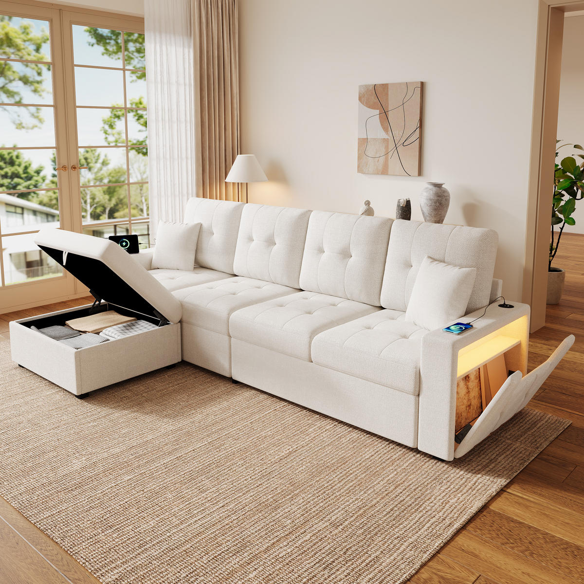 ECKSOFA 253/144.5/80.7 cm Beige mit Aufbewahrungshocker, LED Stimmungslicht und Stauraum - Beige, Textil (253/144.5cm) - Oxeza