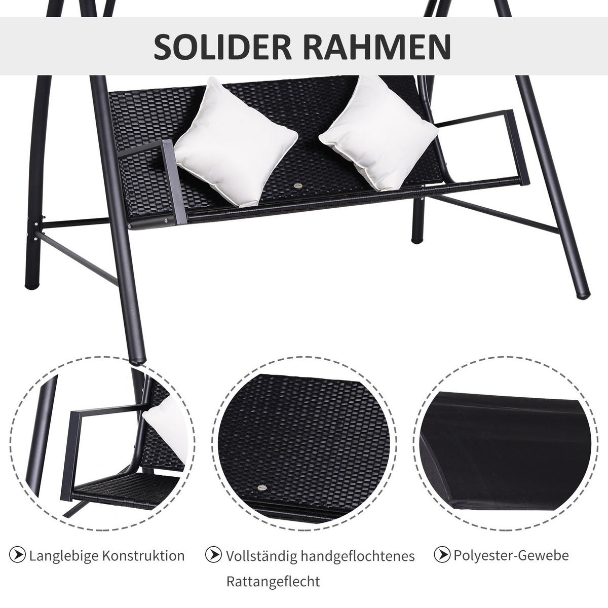HOLLYWOODSCHAUKEL, Polyrattan, Metall, mit Kissen, belastbar bis 360kg, Schwarz - Schwarz, Metall (124/179/198cm) - Outsunny