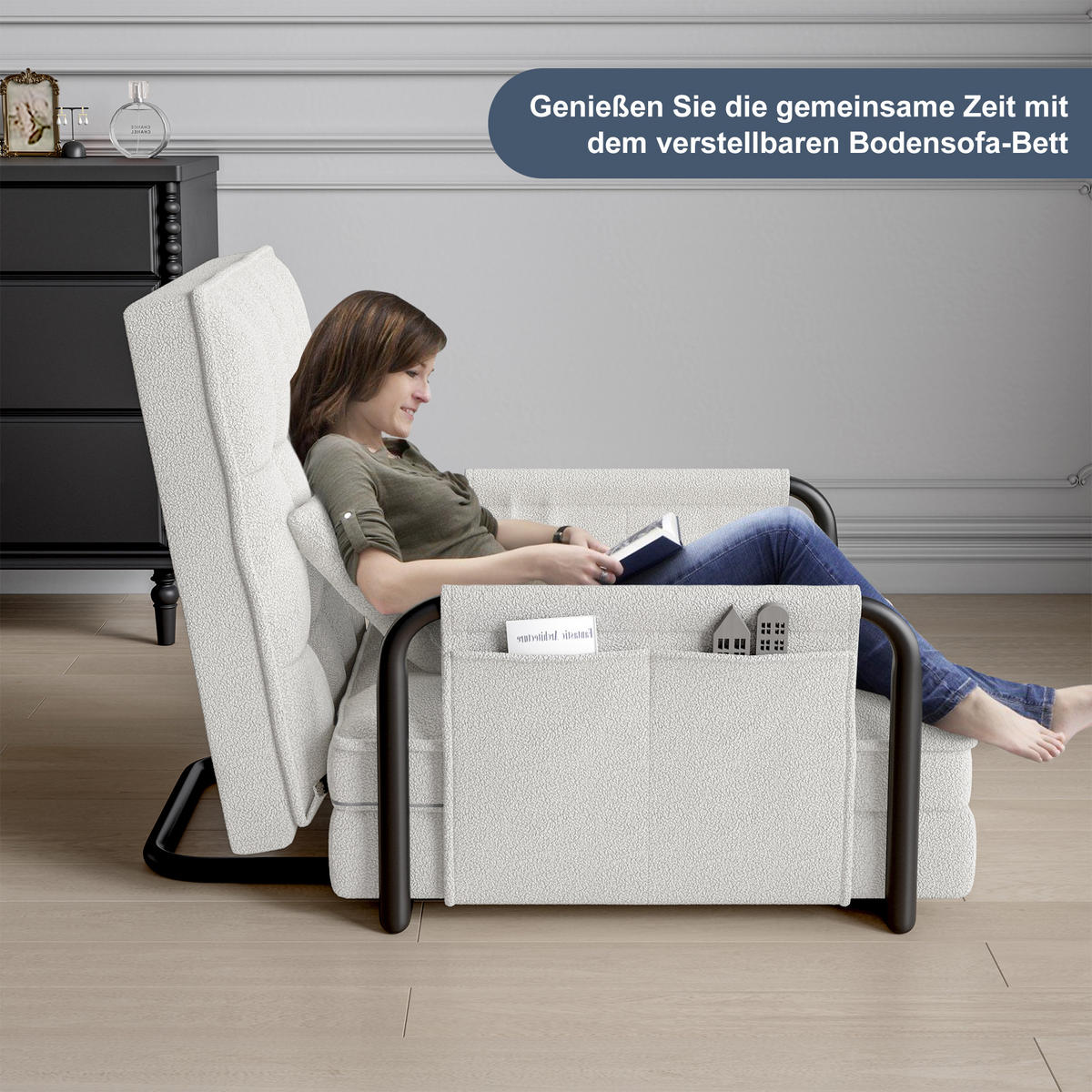 SCHLAFSOFA 5-fach verstellbar, Multifunktional, Beige Bouclé-Stoff - Beige, Holz (78/55/180cm)