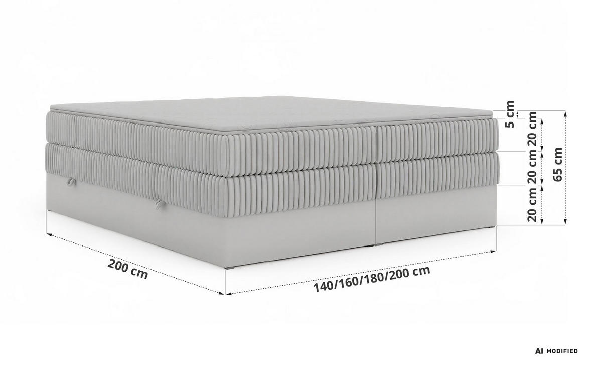 BOXSPRINGBETT WOOD ZERO KING 160/200 - Beige Cord - Topper Visco - H3 - Beige/Schwarz, Kunststoff/Textil (160/200cm) - MKS