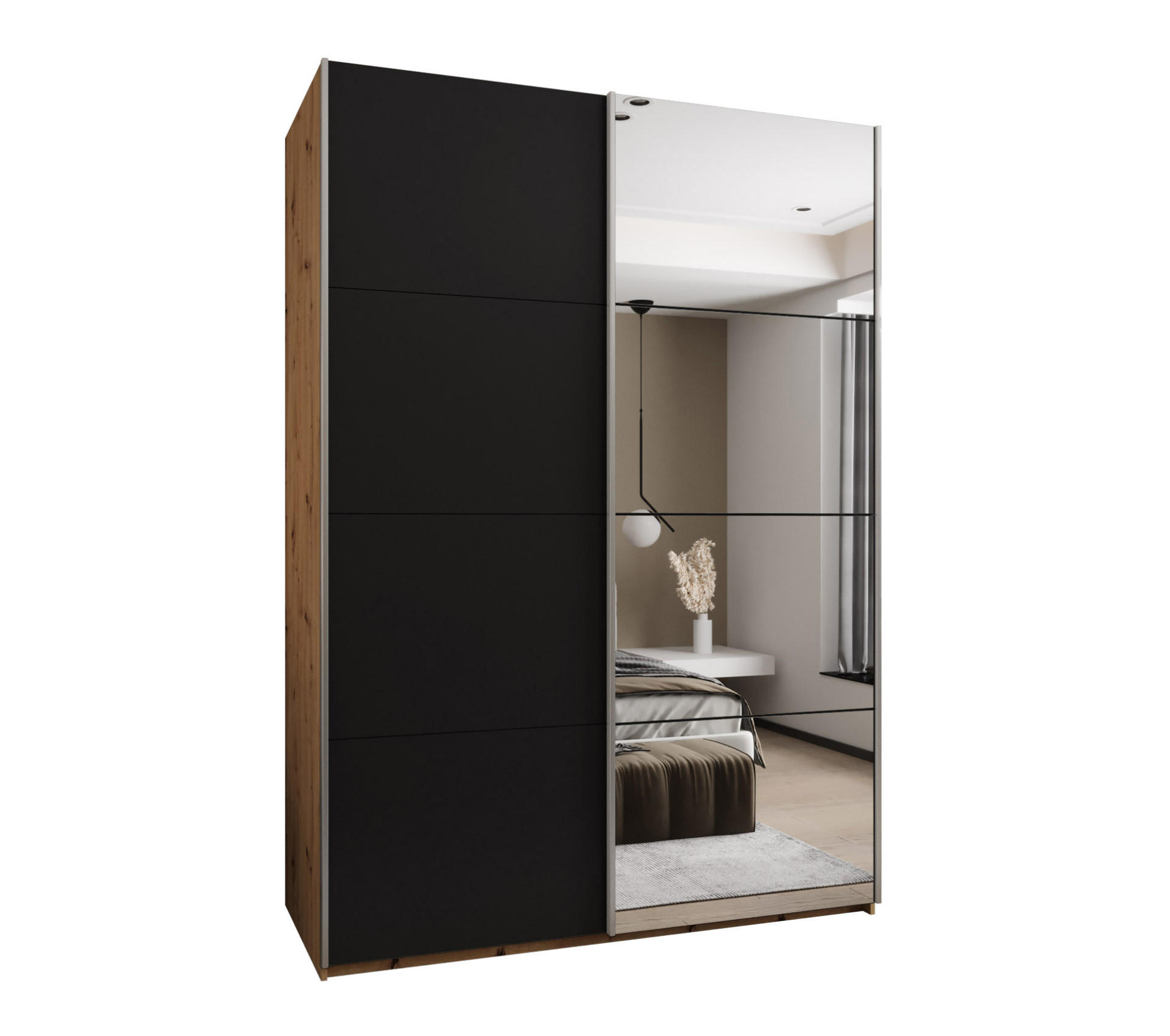 Abiks Möbel Schwebetürenschrank Eiche Artisan, Schwarz, Silber 170x245x64 cm