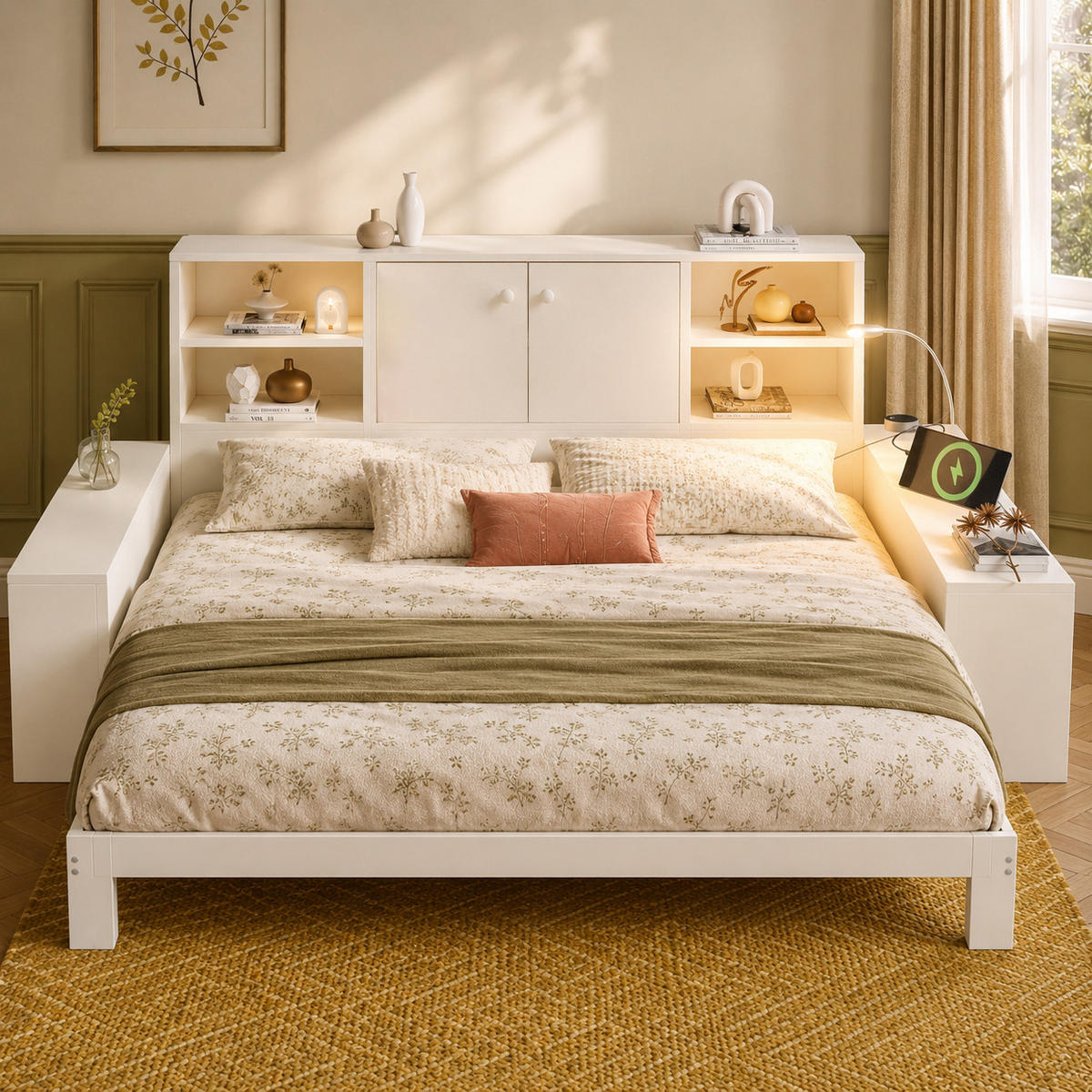 BETT 90/200 cm & 180/200 cm in Weiß mit Ausziehbett, Stauraum, USB, Type-C und LED Holz Design - Weiß, Holzwerkstoff (90/200cm) - STILVORA