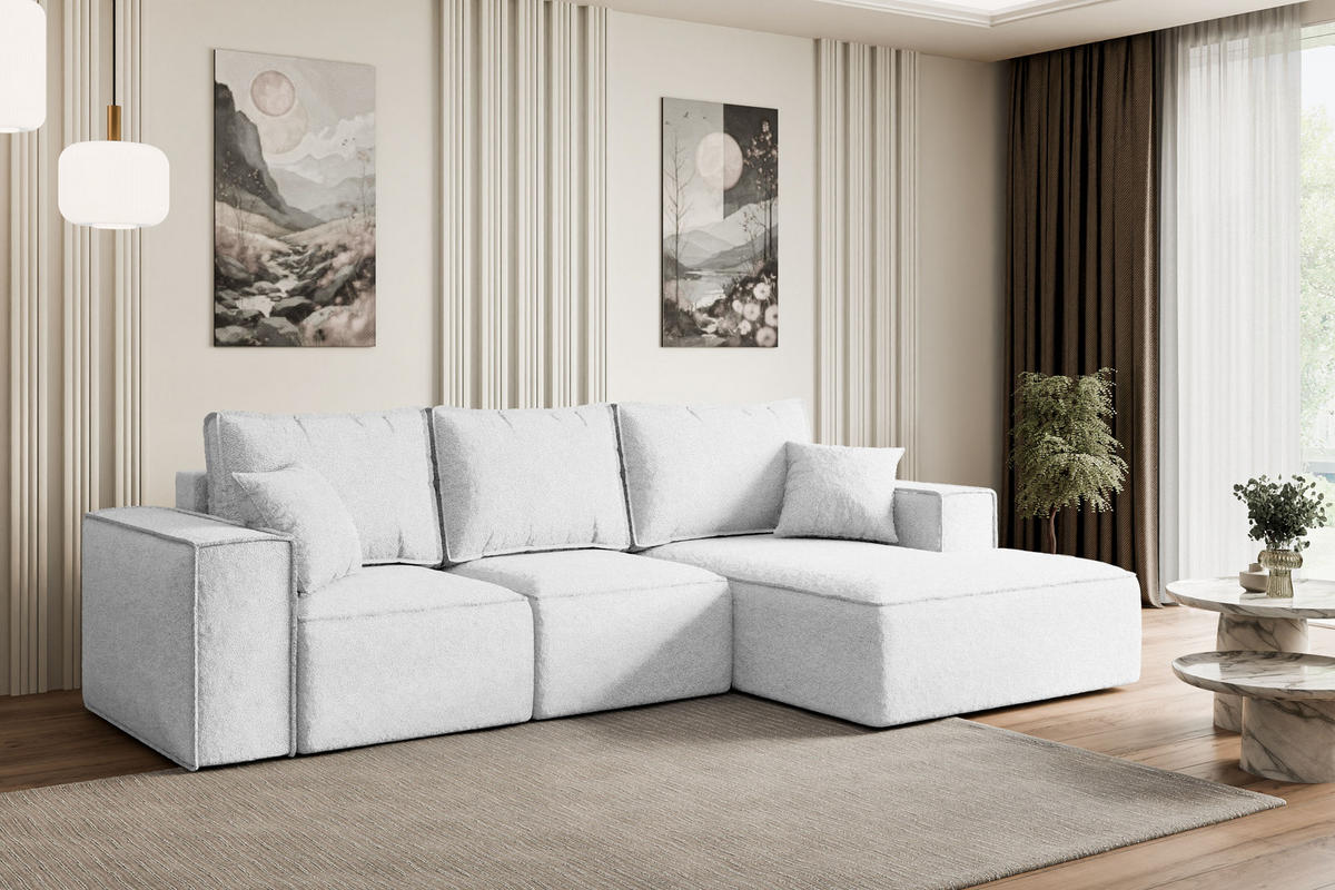 ECKSOFA mit Schlaffunktion und Bettkasten SERRA-L-S - 266x161x87 cm Weiß Bouclé - Schwarz/Weiß, Holzwerkstoff/Kunststoff (266/161cm) - ALTDECOR