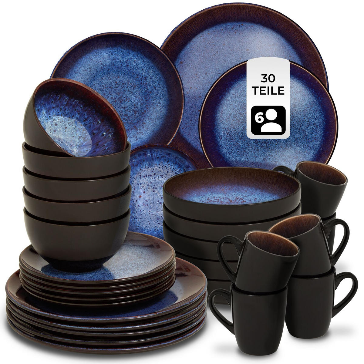 KOMBISERVICE Mare, ineinander stapelbar, blau/braun - Blau, Keramik (26.5/2.5/26.5cm) - tectake