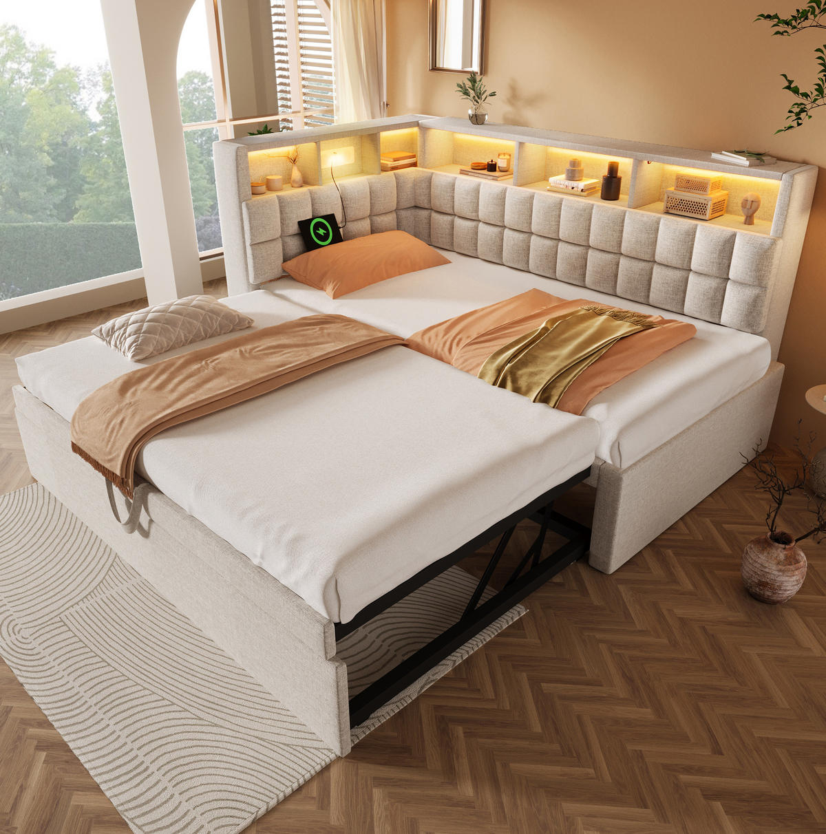 ČALÚNENÁ posteľ z ľanovej zmesi 90x200 cm béžová s výsuvným lôžkom, LED osvetlením, Bluetooth a USB/Type-C nabíjaním - béžová, textil (90/200cm) - Modfu
