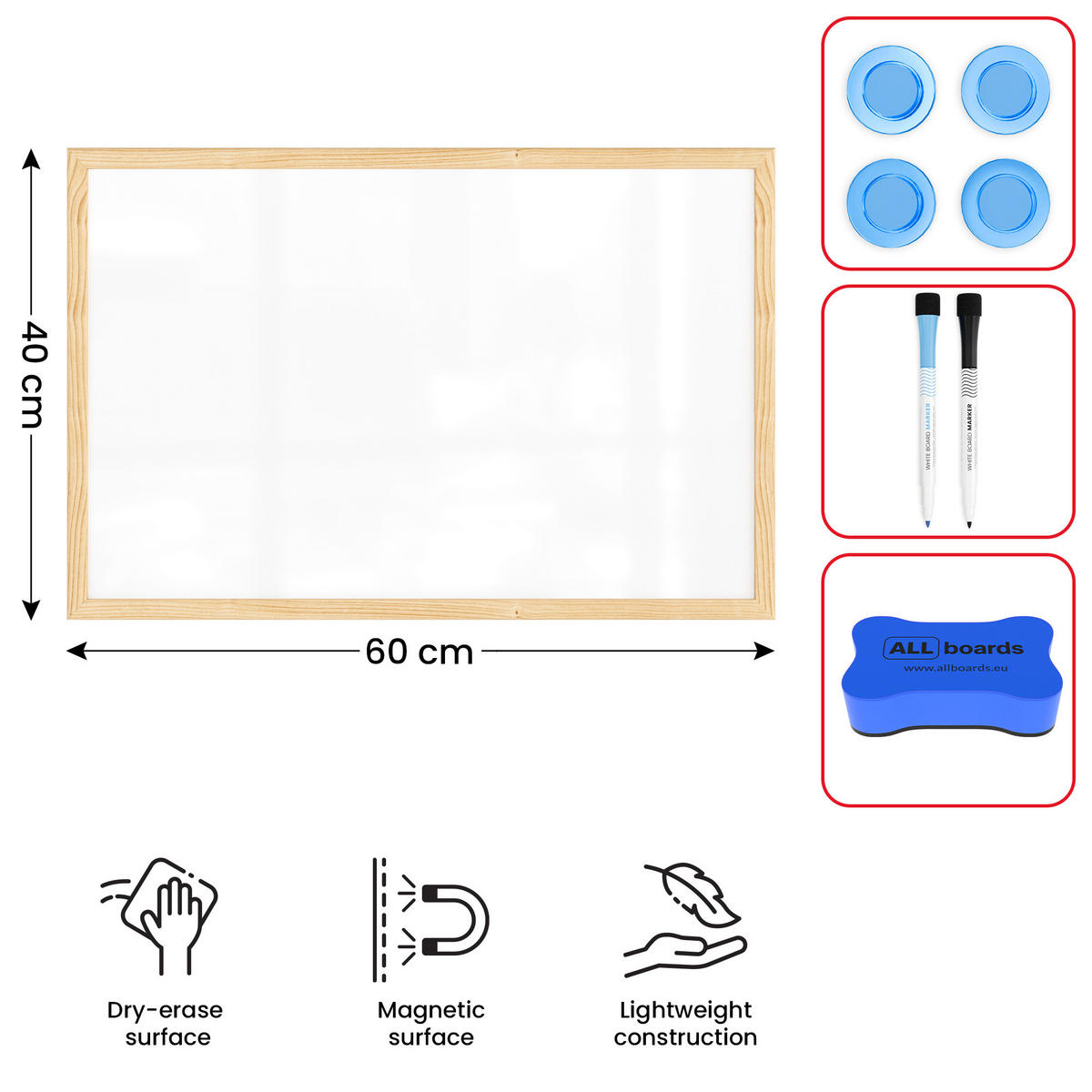 WHITEBOARD Magnetisch 60x40cm mit Naturholzrahmen - Weiß, Metall (60/40/1.5cm) - ALLboards