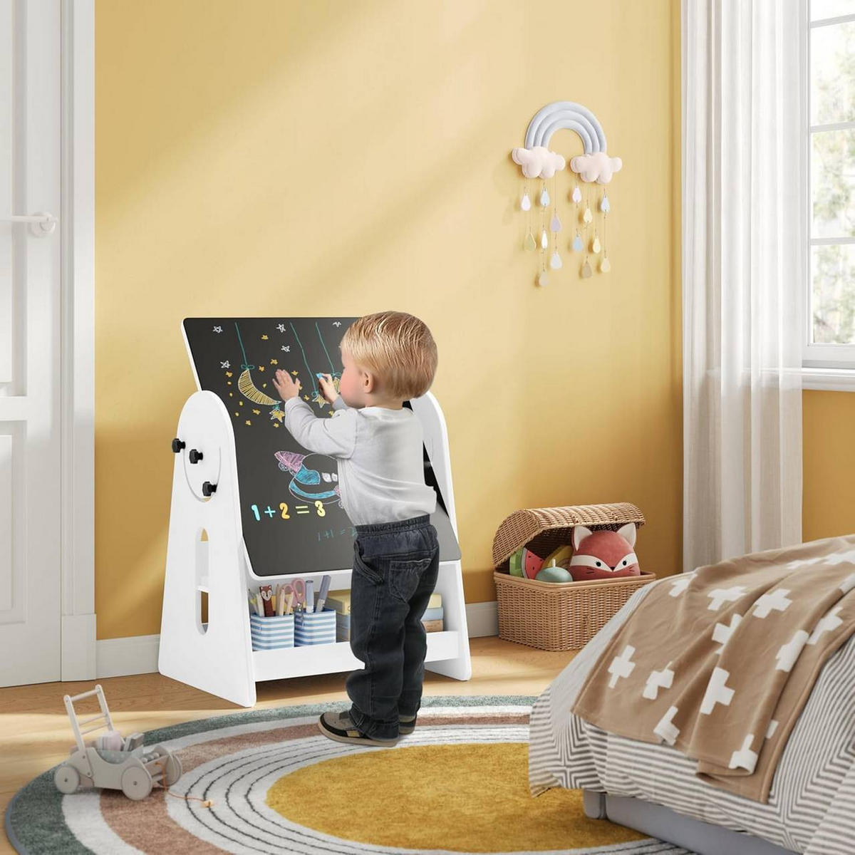 KINDERTISCH mit 2 Stühlen, Stauraum Tafel, Maltisch, Weiß - Weiß, Holzwerkstoff (60/60/57.5cm) - Woltu