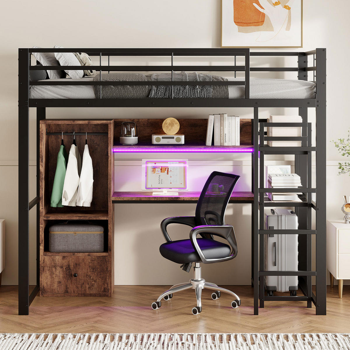 HOCHBETT 90/200 cm aus Metall und MDF mit LED-Beleuchtung, Schreibtisch und Stauraum, Schwarz - Schwarz, Holzwerkstoff (90/200cm) - Redom