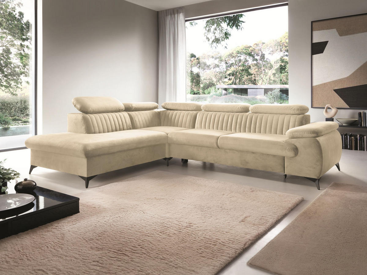 ECKSOFA FIORE Creme Velours-Stoff mit Schlaffunktion - Creme, Holz (275/221cm) - MASSENO