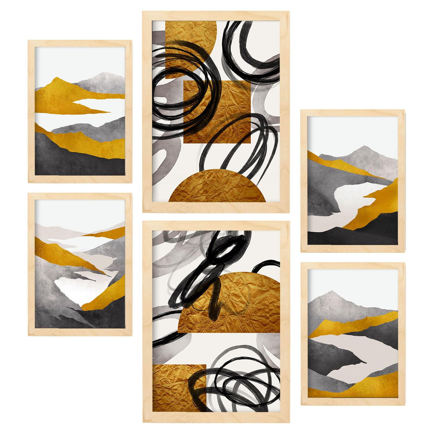 POSTER Set Mit 6 Gattung Nature 2 In Kulissen Abstracts Ästhetische Dekorative Gemälde Für Ihr Wohnzimmer Zuhause A3 & A4 Rahmen Aus Hellem Holz - Beige, Papier (29/3cm) - Nacnic