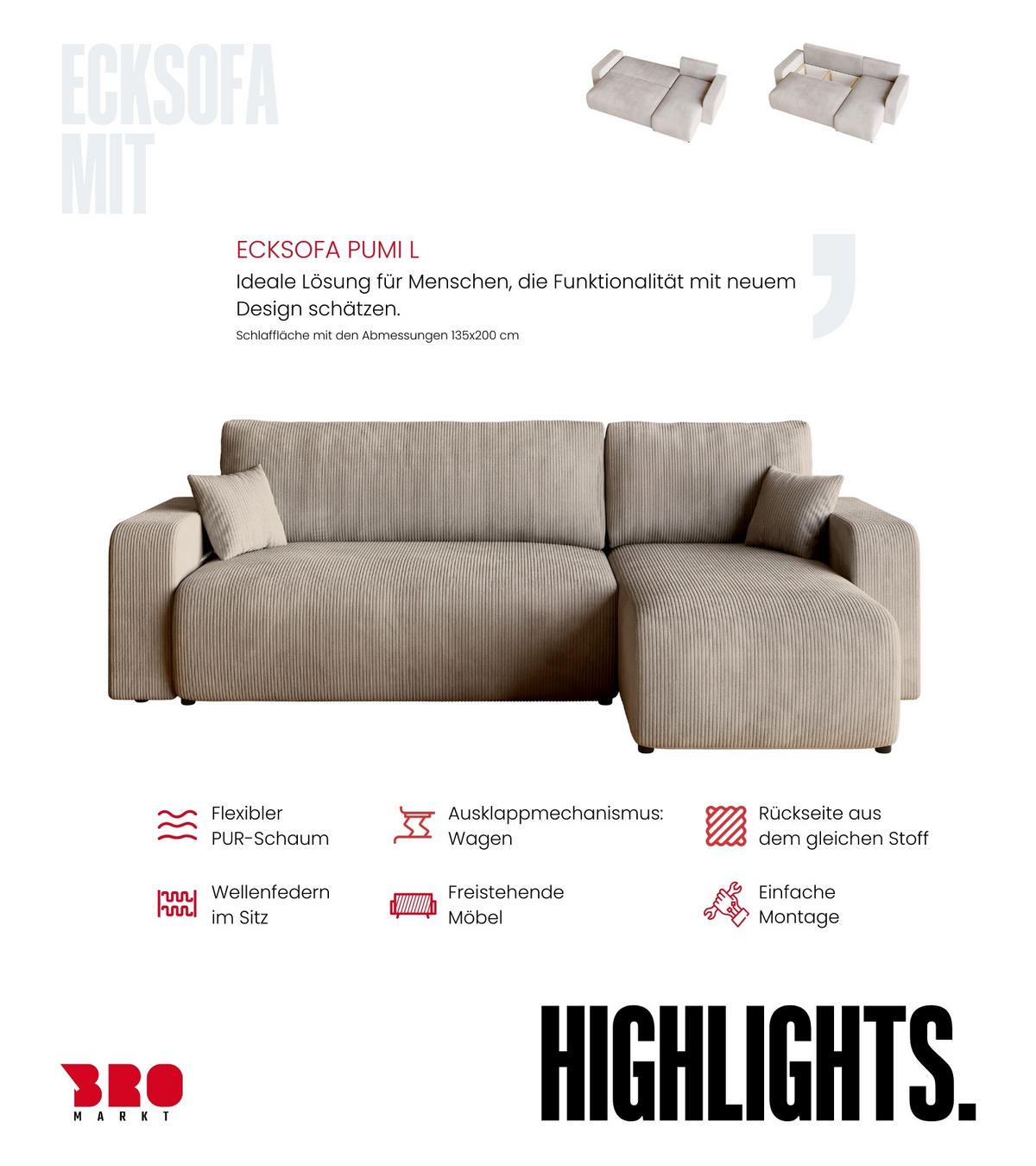 ECKSOFA PUMI mit Schlaffunktion Beige Cord - Beige, Textil (244/148cm) - Bromarkt