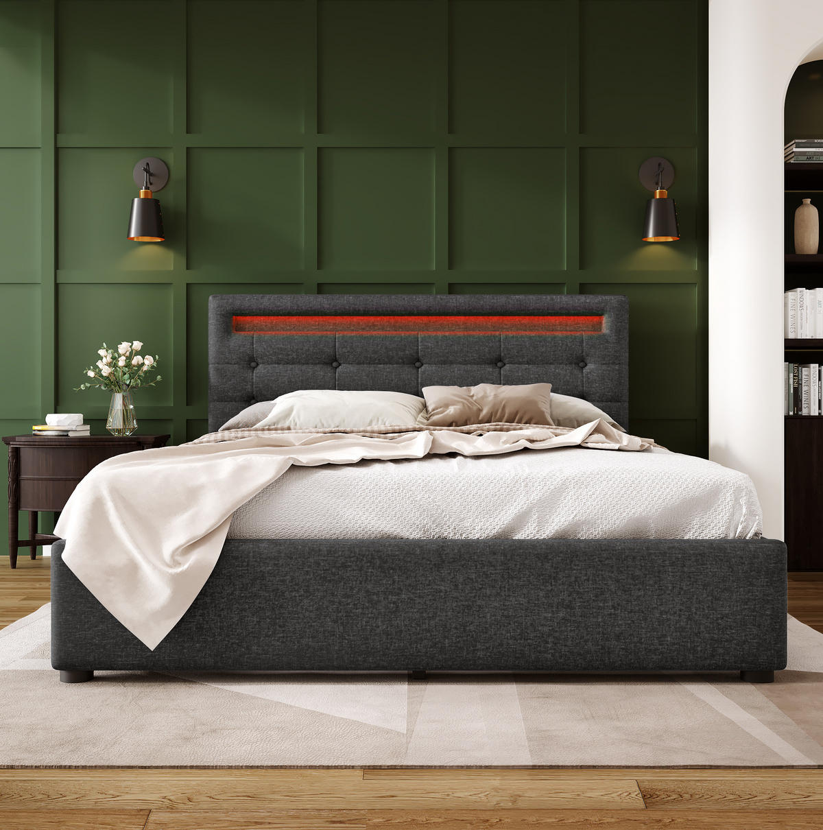 POLSTERBETT 140/200 cm Grau mit LED, 4 Schubladen und Matratze - Grau, Textil (140/200cm) - Flora Grace