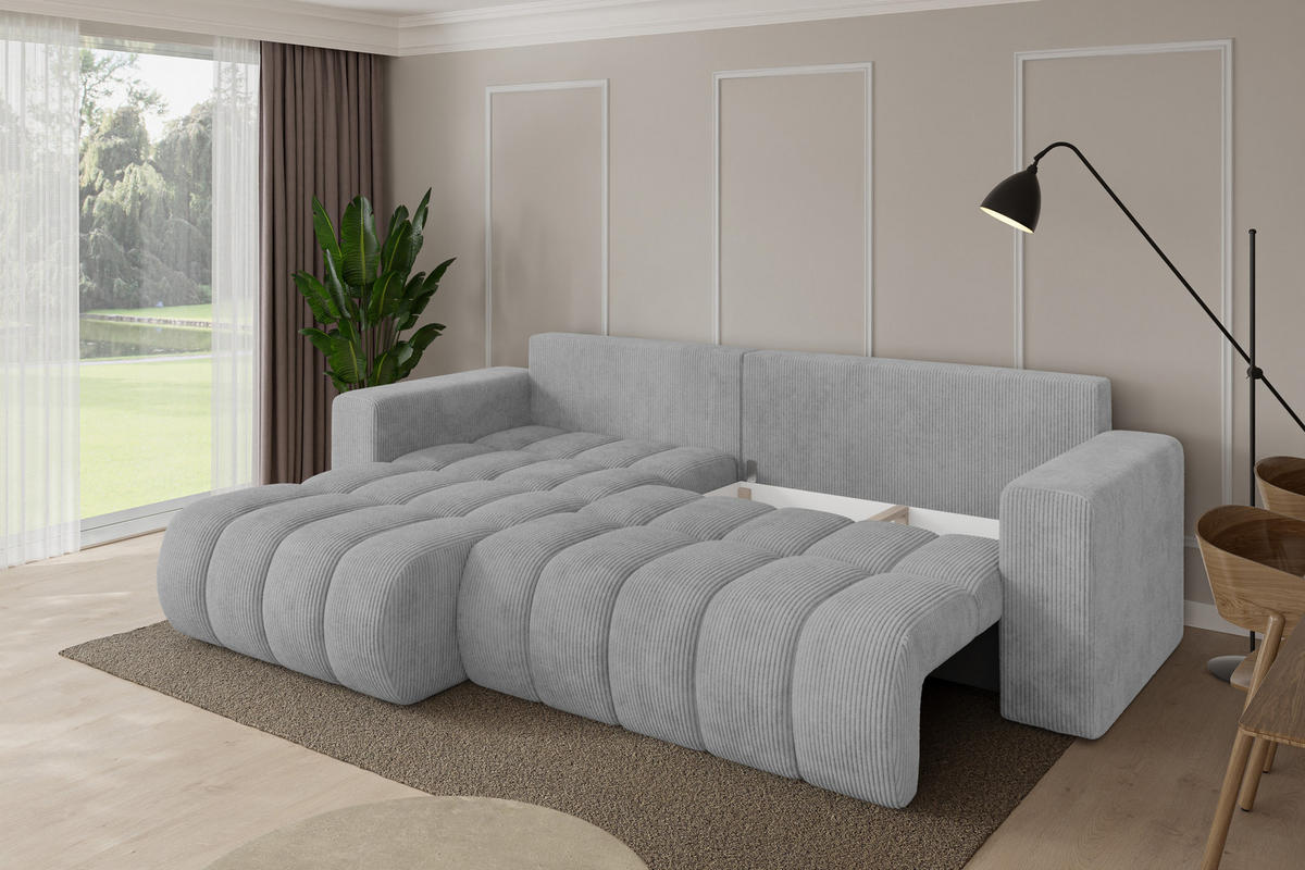 ROHOVÁ SEDAČKA s funkcí spaní, otoman vlevo MILA-L-v1 277x195x86 šedá manšestr - šedá/černá, kompozitní dřevo/textil (277/194cm) - ALTDECOR
