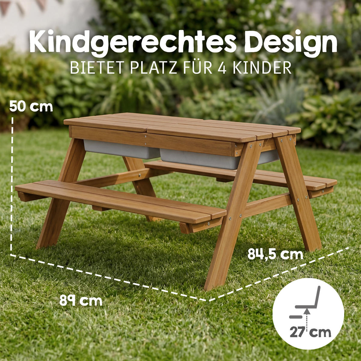 KINDERSITZGARNITUR OUTDOOR + mit Spielwannen und Bankkissen - Teakfarben, Holz - Roba