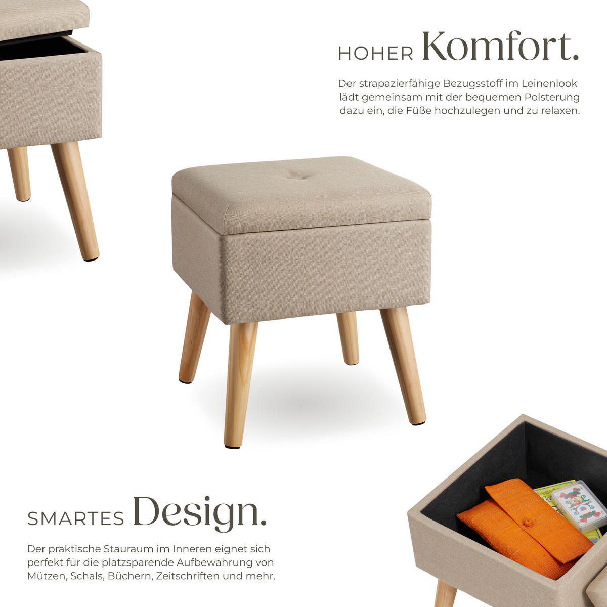 SITZHOCKER mit Stauraum Elva,32,5 x 32,5 x 36,5 cm,Sand - Sandfarben, Holz (32.5/36.5/32.5cm) - tectake