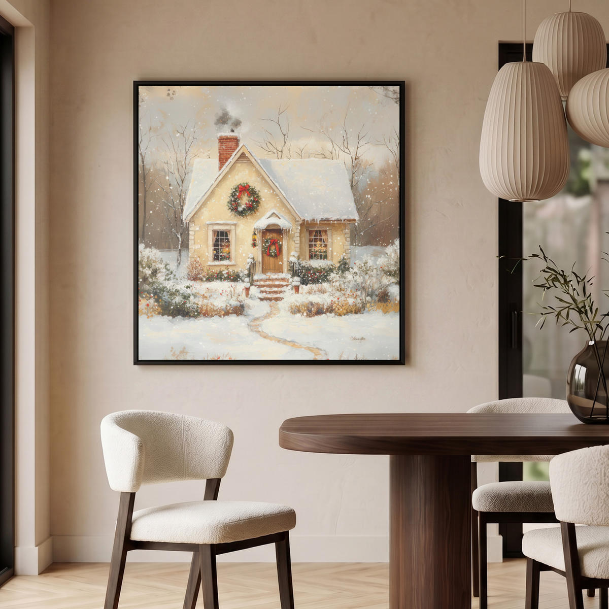 LEINWAND Bilder mit Rahmen - Weihnachten - Zuhause - Winter - Schnee - 90x90 - Creme, Textil (90/90cm) - MuchoWow