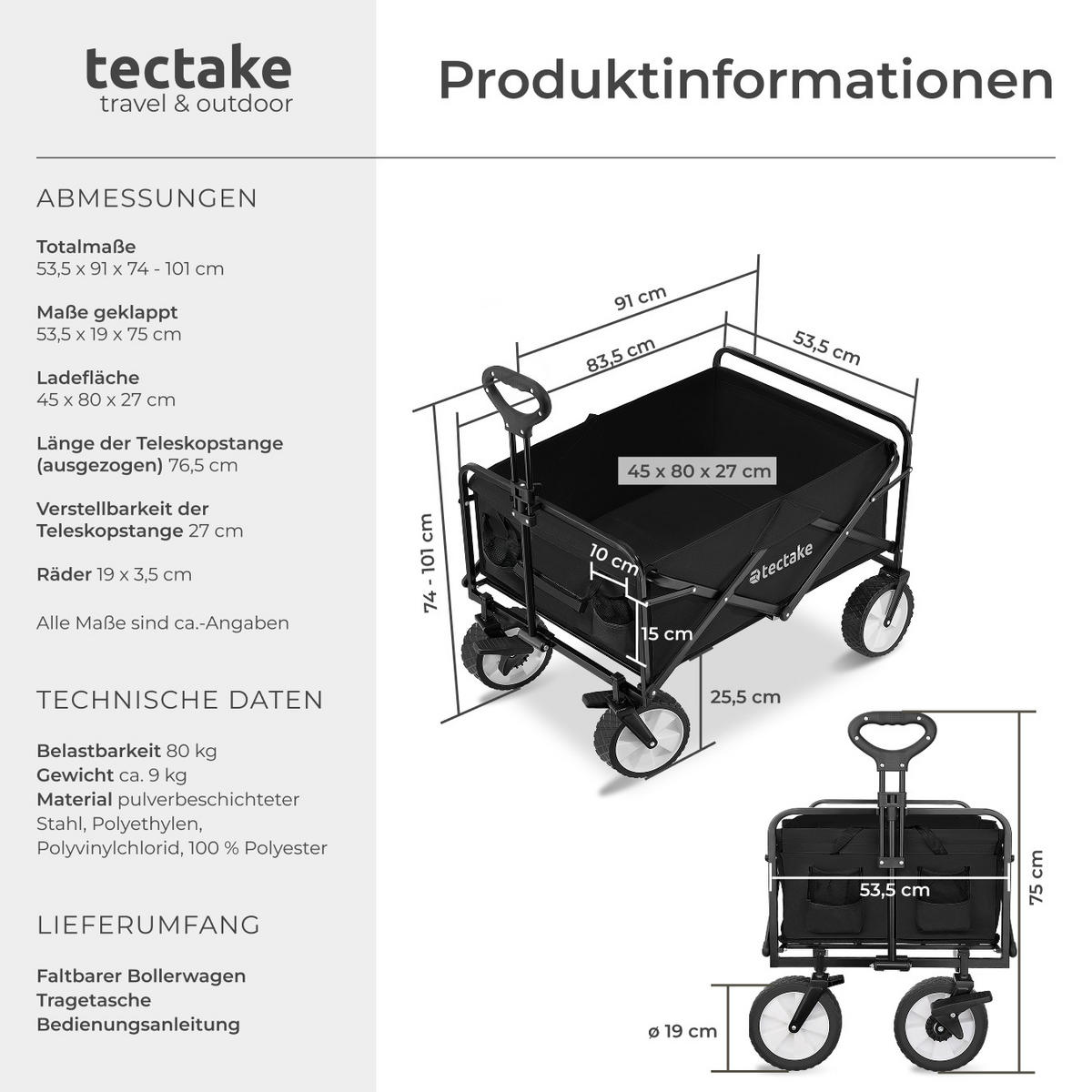 BOLLERWAGEN Leon, inklusive Tragetasche, Belastbarkeit 80 kg, schwarz - Schwarz, Kunststoff (53.5/101/91cm) - tectake
