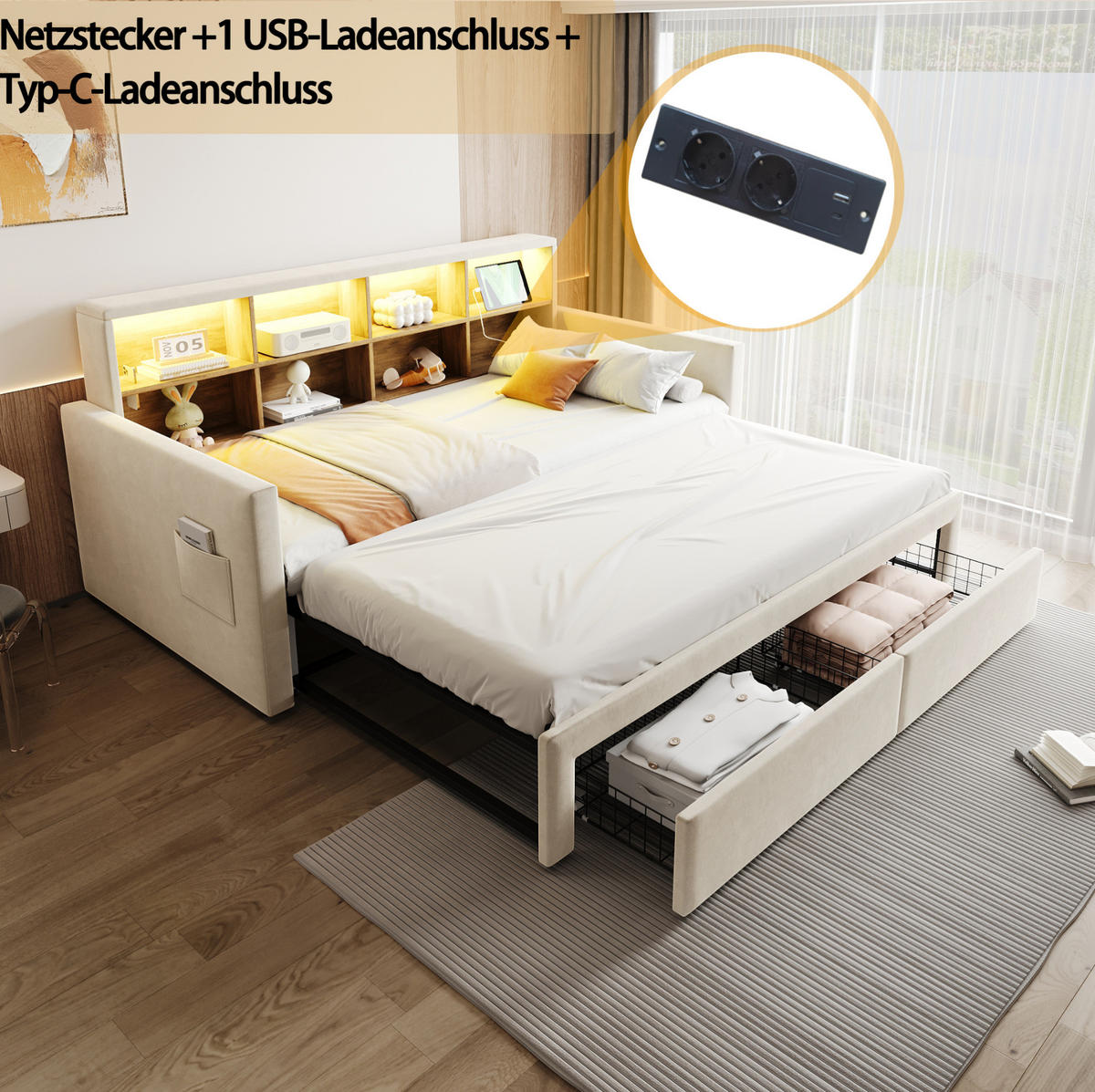 POLSTERBETT 90/180×190 cm aus Samt in Beige mit LED-Beleuchtung und Stauraum - Beige, Textil (90/190cm) - Flora Grace