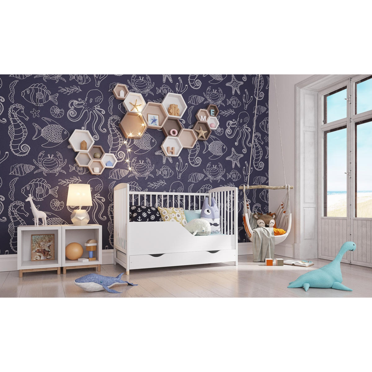 BABYBETT Nina, Mitwachsendes, mit Schublade Weiß - Weiß, Holz (60/120cm) - Premiers Moments