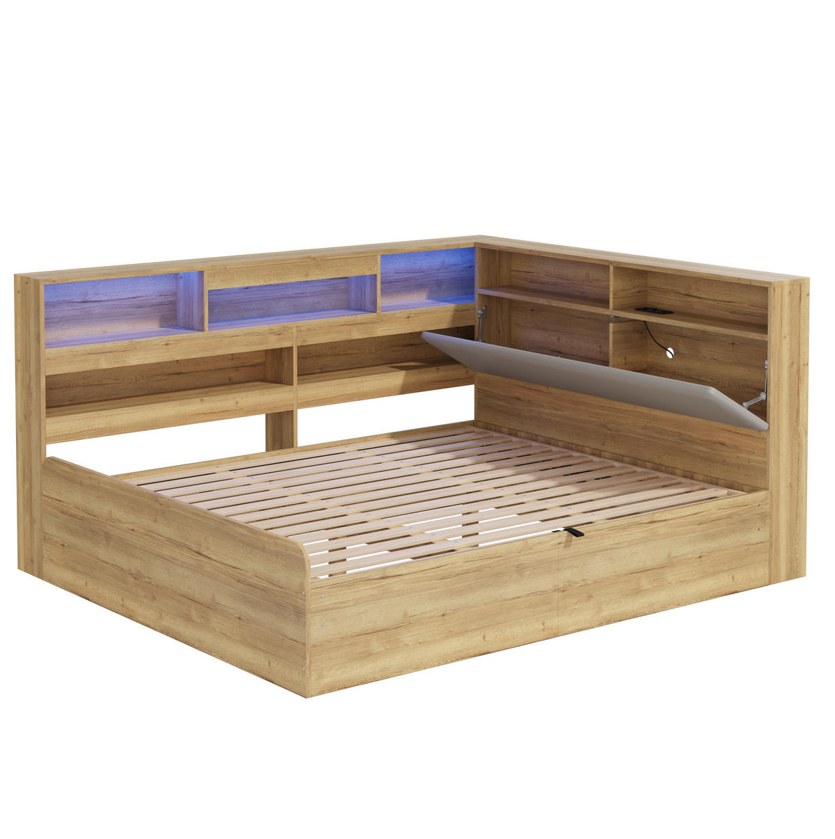 JUGENDBETT 140/200 cm natur aus MDF mit Stauraum und LED - Naturfarben, Holzwerkstoff (140/200cm) - OKWISH