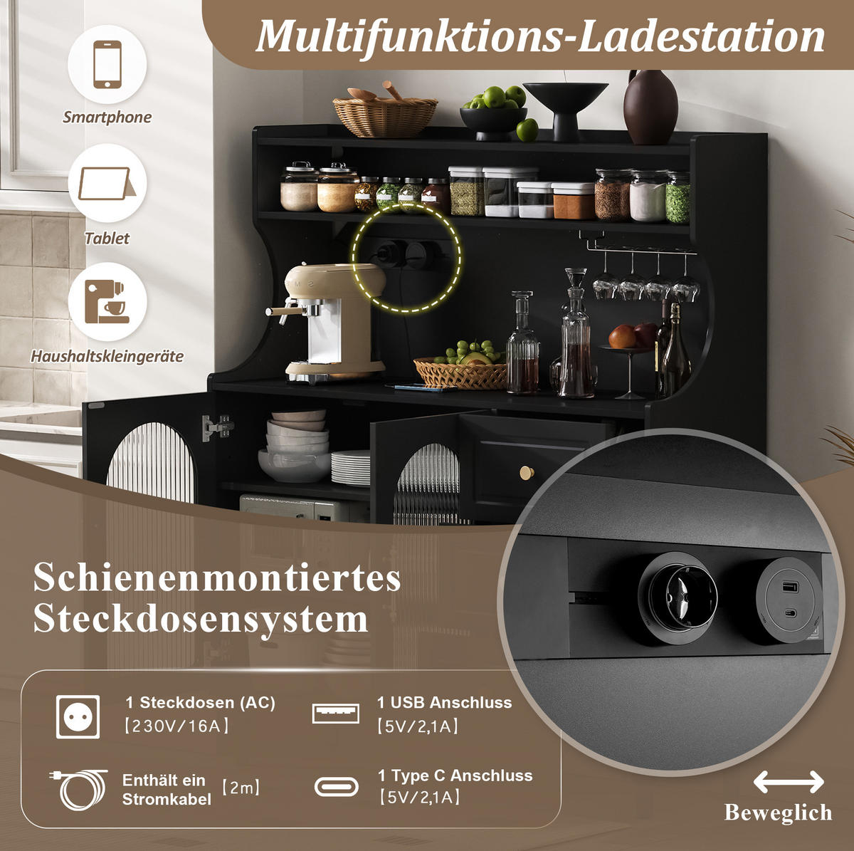BUFFET 120/40/138,5 cm schwarz aus MDF mit Steckdose - Schwarz, Holzwerkstoff (120/138.5/40cm) - OKWISH