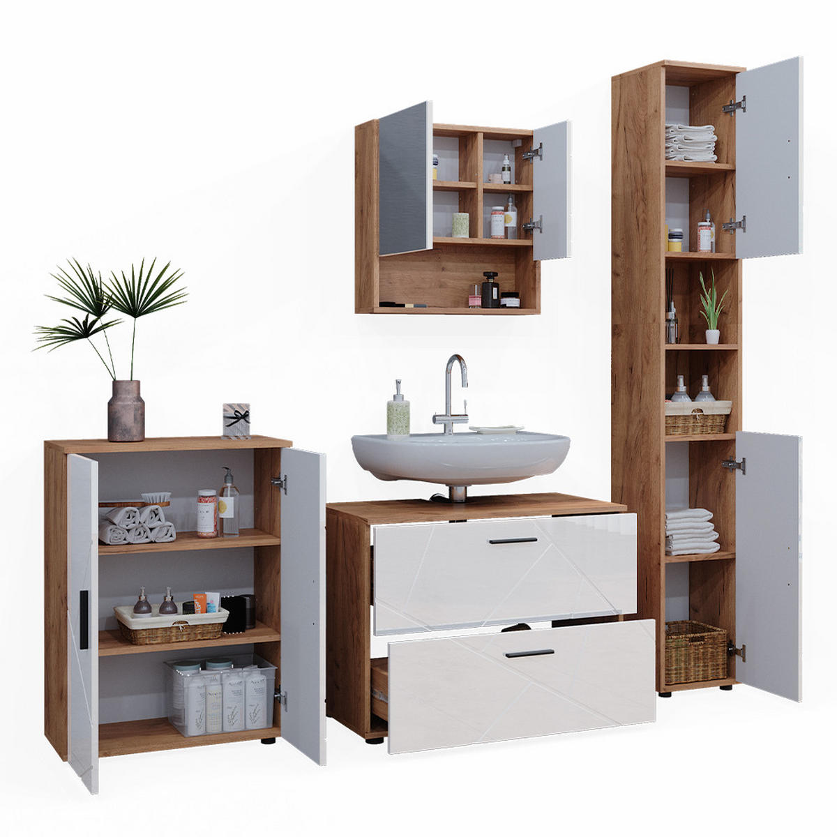 BADMÖBEL-SET Irma Weiß Hochglanz/Goldkraft Eiche 4 Teile - Honigeiche/Weiß Hochglanz, Holzwerkstoff (80/58/41cm) - Vicco