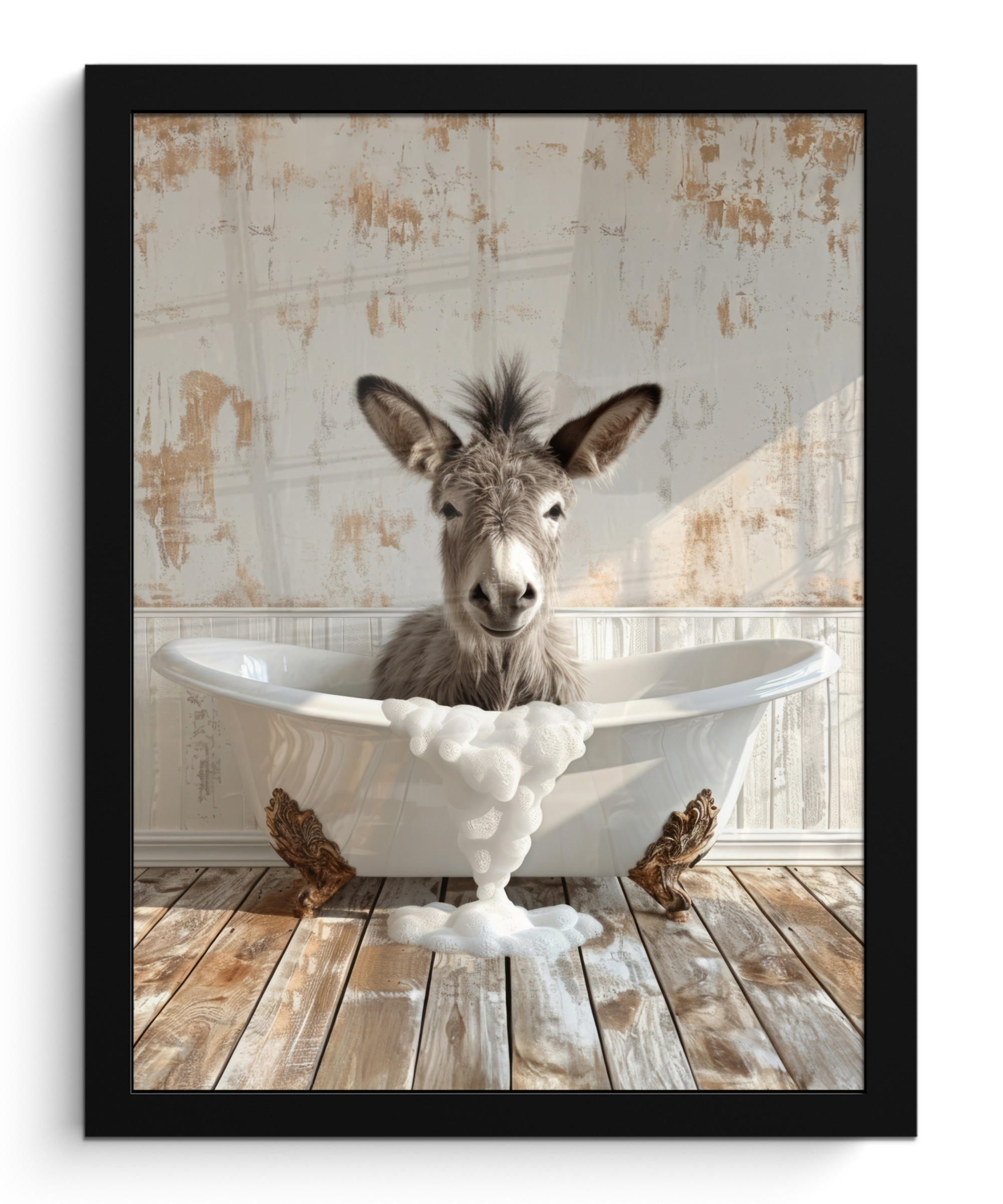 GERAHMTES BILD Esel - Tiere - Badewanne - Schaumstoff 30x40 cm - Weiß, Papier (30/40cm) - MuchoWow