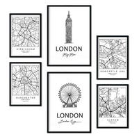 POSTER Set Mit 6 Drucke Von Uk 2 Von Karten In Schwarz Weiß A3 & A4 Schwarzer Rahmen - Schwarz, Papier (29/3cm) - Nacnic