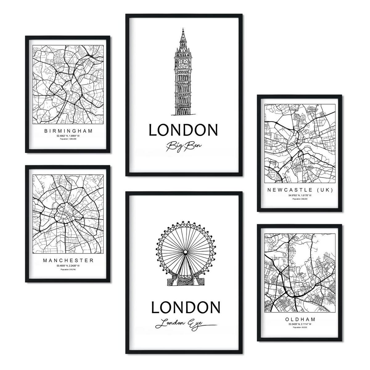 POSTER Set Mit 6 Drucke Von Uk 2 Von Karten In Schwarz Weiß A3 & A4 Schwarzer Rahmen - Schwarz, Papier (29/3cm) - Nacnic