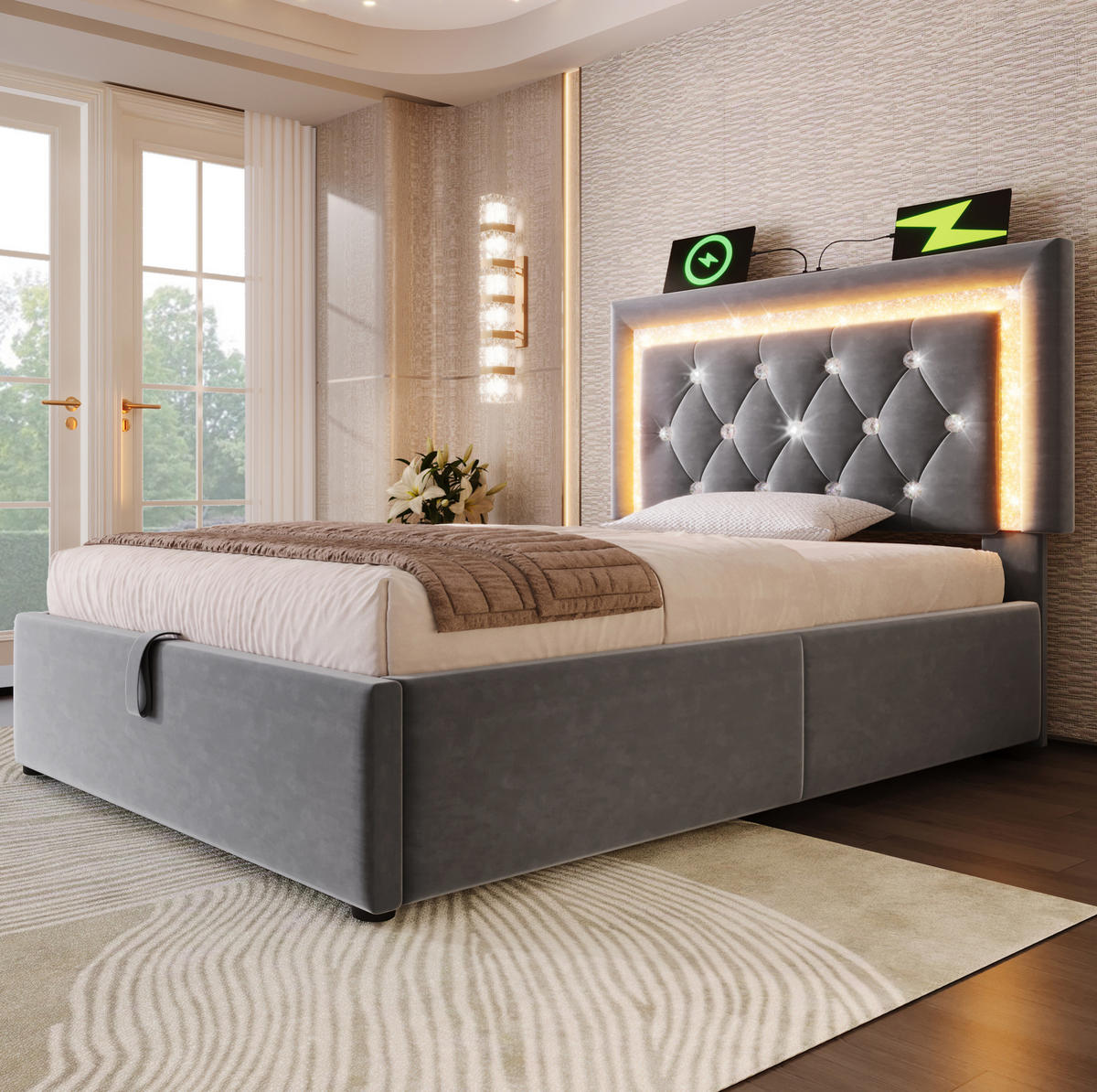 ČALOUNĚNÁ postel 90/200 cm šedá ze sametu s LED, USB-C a úložným prostorem - šedá, textil (90/200cm) - OKWISH