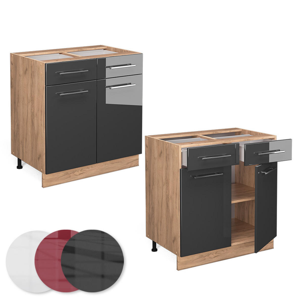 KÜCHENUNTERSCHRANK Fame-Line Anthrazit Hochglanz 80 cm, AP Anthrazit - Honigeiche/Schwarz Hochglanz, Holzwerkstoff (80/82/60cm) - Vicco