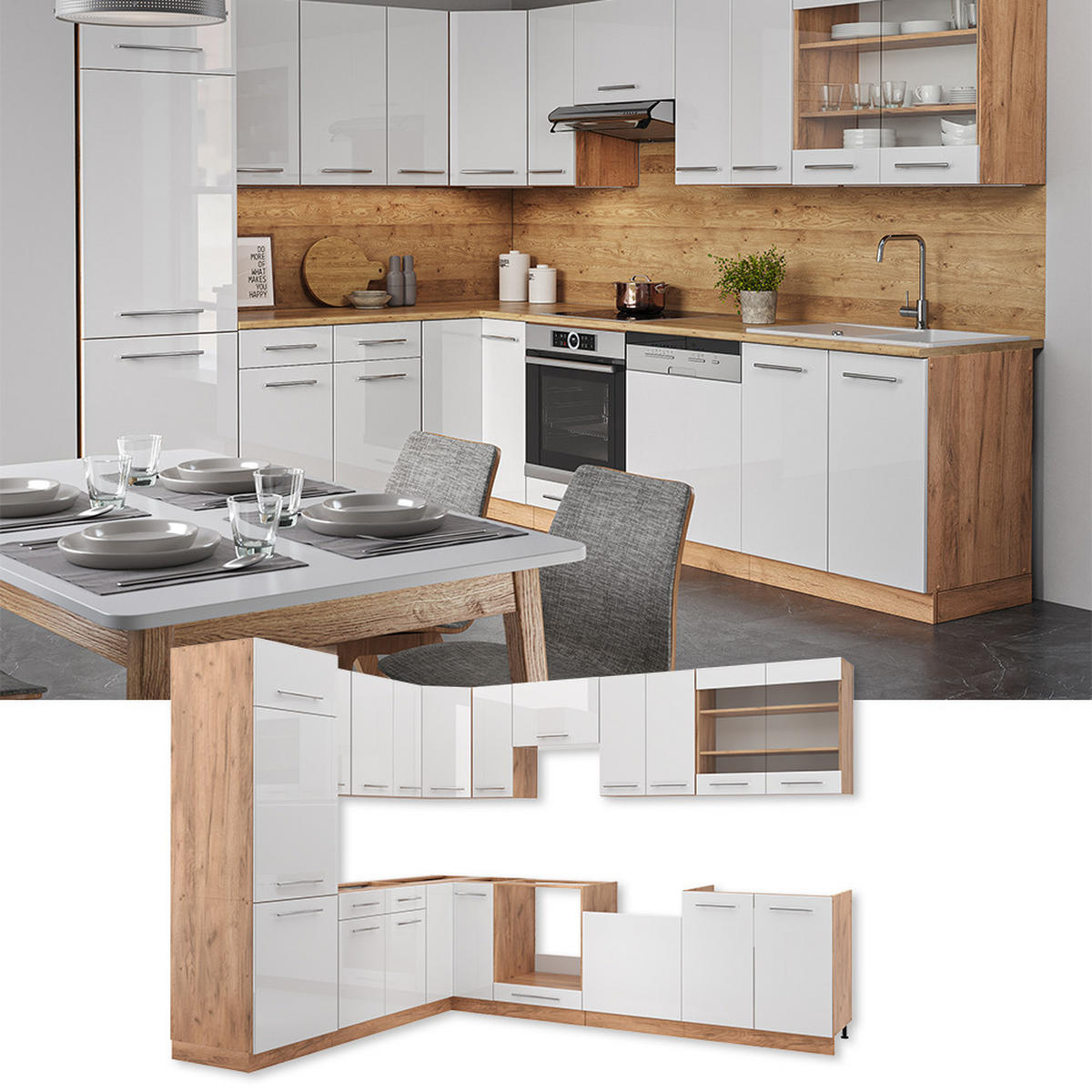 ECKKÜCHE Fame-Line Weiß Hochglanz/Goldkraft Eiche 227 x 60 cm ohne AP - Weiß Hochglanz/Eiche Wotan, Holzwerkstoff (287/81.6/46cm) - Vicco