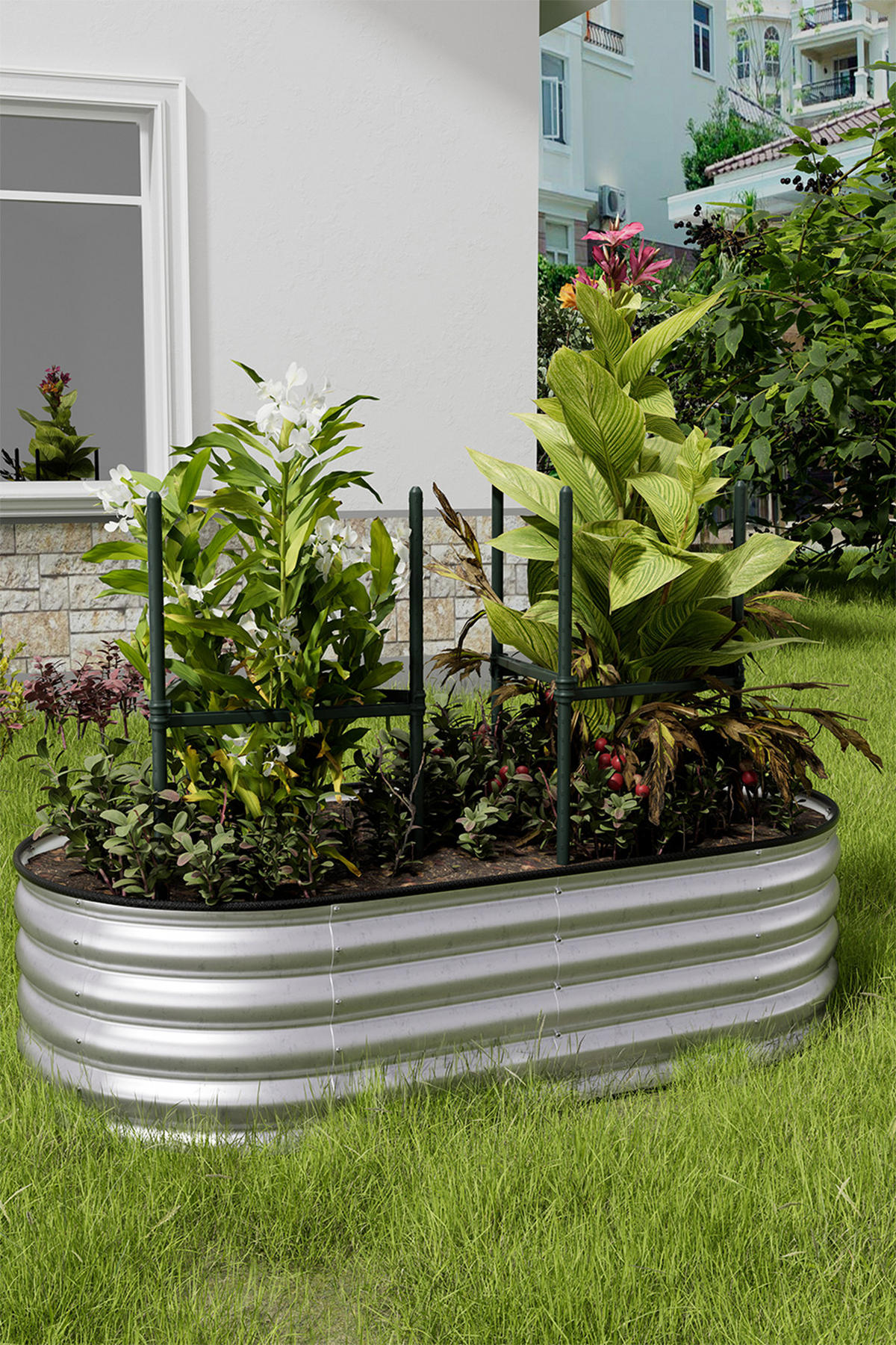 HOCHBEET-PFLANZKASTEN mit Pflanzenstütze aus verzinktem Stahl in verzinkten Silber Ovalen Blumenkasten Garten Balkon rostfest 160 × 80 × 42 cm - Grün, Metall (80/42/160cm) - Livingandhome