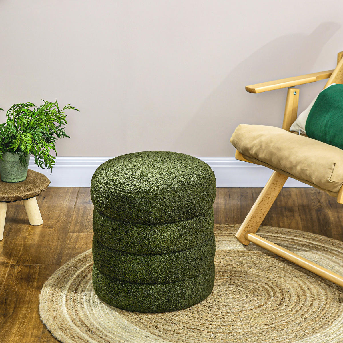 SITZHOCKER, Fußhocker, Runder Polsterhocker, Fußstütze mit Sitzkissen - Naturfarben/Grün, Holz/Textil (40/45/40cm) - HOMCOM