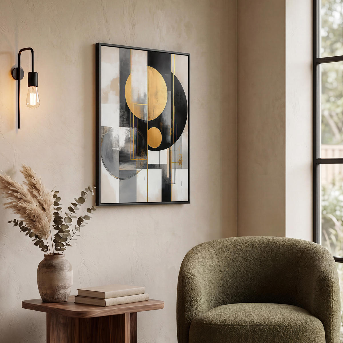 LEINWAND Bilder mit Rahmen - Abstrakt - Gold - Silber - Formen - Ästhetisch - Modern - 60x80 - Goldfarben, Textil (60/80cm) - MuchoWow