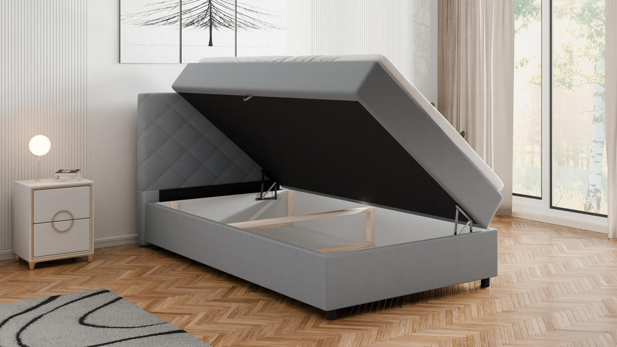 BOXBETT Diamaro 120x200 cm mit Bettkasten und Topper - Hellgrau - Hellgrau, Holz (120/200cm) - Panda Möbel