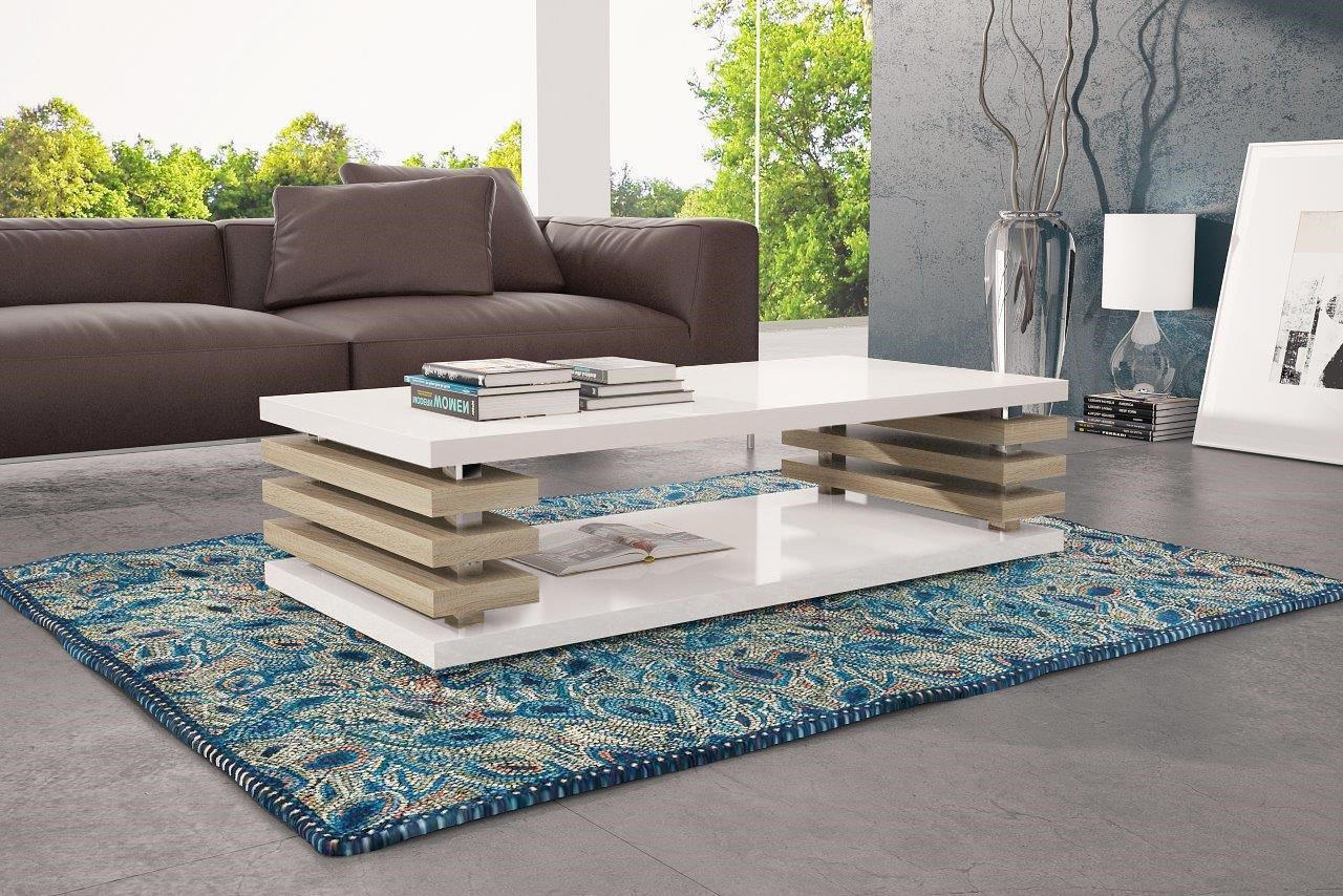 COUCHTISCH rechteckig Weiß Hochglanz Sonoma Ablage 120/40/60 cm - Weiß Hochglanz/Sonoma Eiche, Holzwerkstoff (60/120/40cm) - designimpex