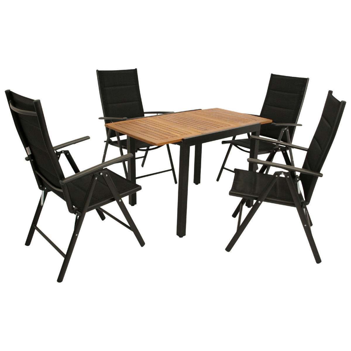 GARTENESSGRUPPE Canterbury - GARTEN-GARNITUR mit Ausziehtisch 80 bis 120 cm - 5-teilig - Aluminium - Akazie - Kunstgewebe schwarz - Schwarz, Metall - TPFGarden