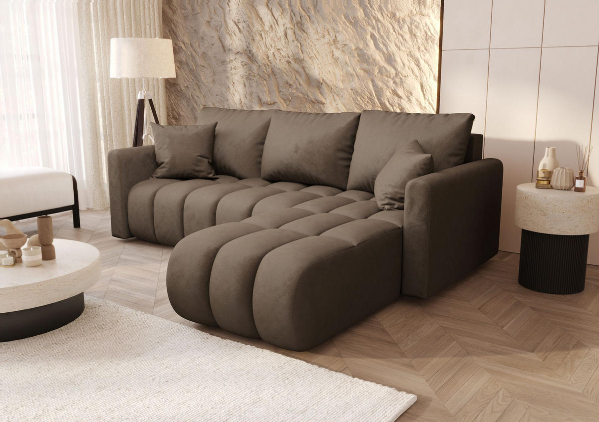 ROHOVÁ pohovka GARDA pravá hnědá samet Monolith 9 - funkce spaní, úložný prostor - hnědá, textil (230/149cm) - Cornero