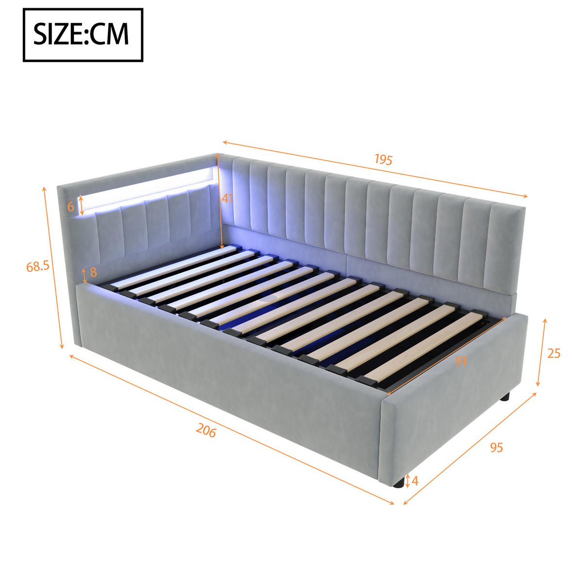 ČALÚNENÁ posteľ 90x200 cm sivá zo zamatovej látky s LED osvetlením a hydraulickým úložným priestorom - svetlosivá, textil (90/200cm) - Modfu