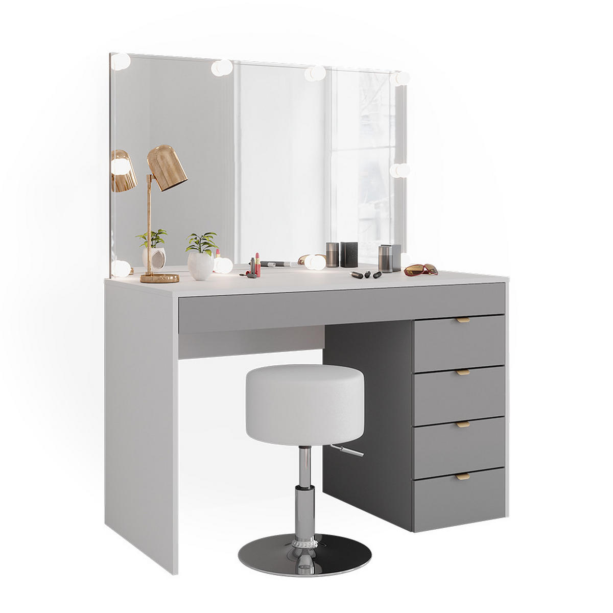 SCHMINKTISCH Elise Weiß/Grau/Grau 115 cm mit LED Beleuchtung und Hocker - Weiß/Grau, Holzwerkstoff (115/76/55cm) - Vicco
