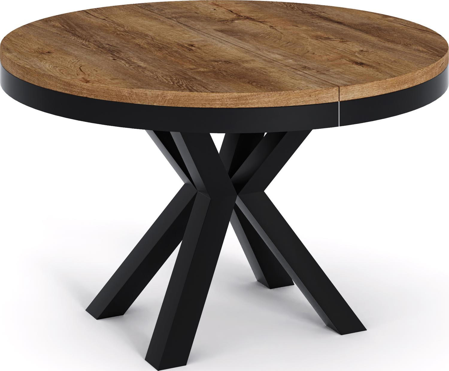 ESSTISCH Clara runder ausziehbarer, Lefkas Eiche 120-200/120/76 cm - Alteiche/Schwarz, Holzwerkstoff/Metall (120/120/76cm) - WFL GROUP